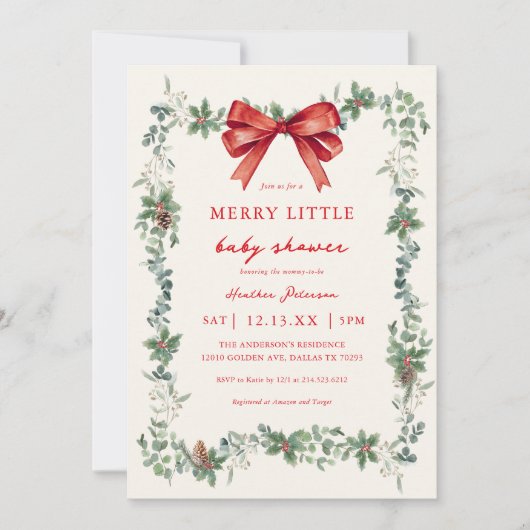 Red Bow Merry Little Christmas Baby Shower 招待状 (正面)