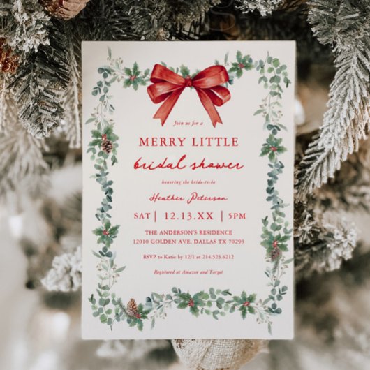 Red Bow Merry Little Christmas Bridal Shower 招待状