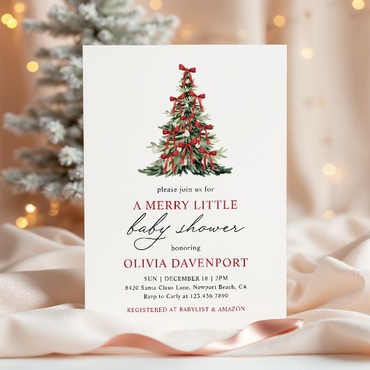 Red Bow Merry Little Christmas Tree Baby Shower 招待状