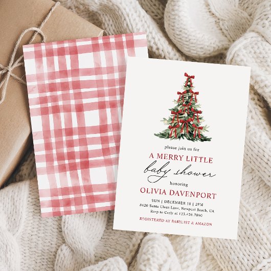 Red Bow Merry Little Christmas Tree Baby Shower 招待状