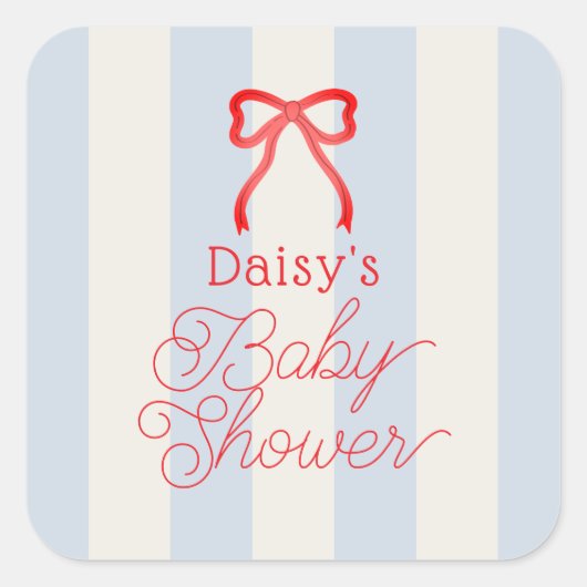 Red Bow & Pale Blue Stripes Baby Shower スクエアシール (正面)