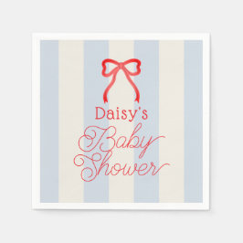 Red Bow & Pale Blue Stripes Baby Shower スタンダードカクテルナプキン
