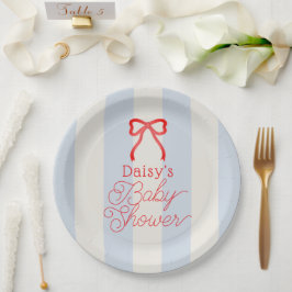 Red Bow & Pale Blue Stripes Baby Shower ペーパープレート