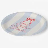 Red Bow & Pale Blue Stripes Baby Shower ペーパープレート (アングル)
