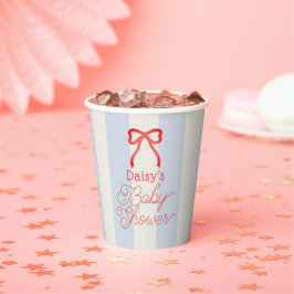 Red Bow & Pale Blue Stripes Baby Shower 紙コップ