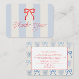 Red Bow & Pale Blue Stripes Baby Shower Thank You ノートカード