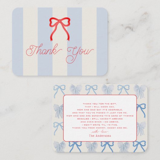 Red Bow & Pale Blue Stripes Baby Shower Thank You ノートカード (正面/裏面)