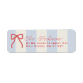 Red Bow & Pale Blue Stripes Return Address ラベル (正面)