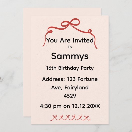 Red Bow Party Invitation | Elegant Ribbon Bow  招待状 (正面/裏面)