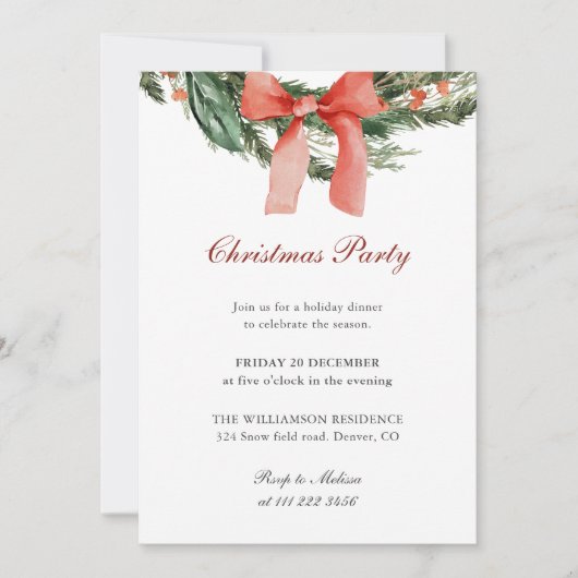 Red Bow Pine Wreath Christmas Party 招待状 (正面)