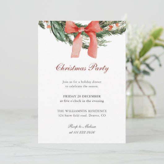 Red Bow Pine Wreath Christmas Party 招待状 (スタンド正面)