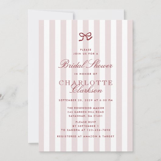 Red Bow Pink Striped Bridal Shower Invitation 招待状 (正面)