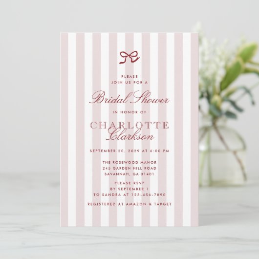 Red Bow Pink Striped Bridal Shower Invitation 招待状 (スタンド正面)
