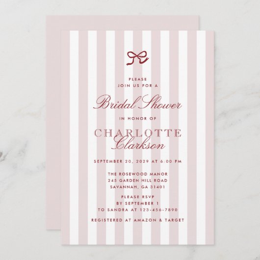 Red Bow Pink Striped Bridal Shower Invitation 招待状 (正面/裏面)