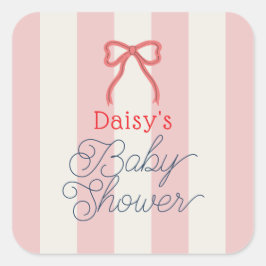 Red Bow & Pink Stripes Baby Shower スクエアシール