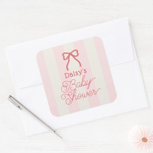 Red Bow & Pink Stripes Baby Shower スクエアシール (封筒)