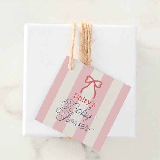 Red Bow & Pink Stripes Baby Shower フェイバータグ (インサイチュ)