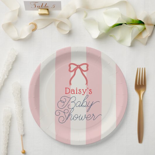 Red Bow & Pink Stripes Baby Shower ペーパープレート (ウェディング)