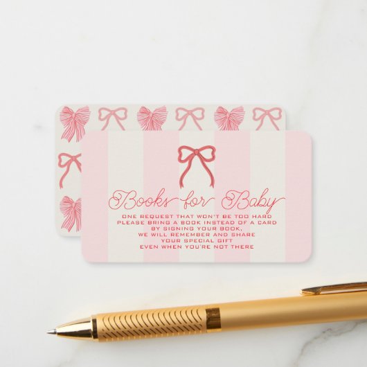 Red Bow & Pink Stripes Baby Shower Book Request エンクロージャーカード (正面/裏面インサイチュ)