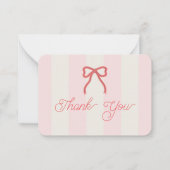 Red Bow & Pink Stripes Baby Shower Thank You ノートカード (正面)