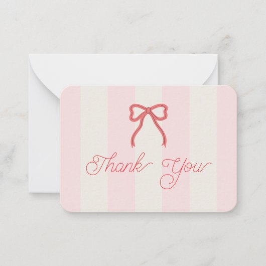 Red Bow & Pink Stripes Baby Shower Thank You ノートカード (正面)