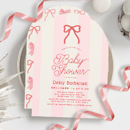 Red Bow & Pink Stripes Girl Baby Shower 招待状