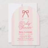 Red Bow & Pink Stripes Girl Baby Shower 招待状 (正面)