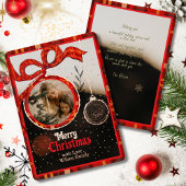 Red Bow Plaid & Gold Foil Single Photo Christmas 箔シーズンカード