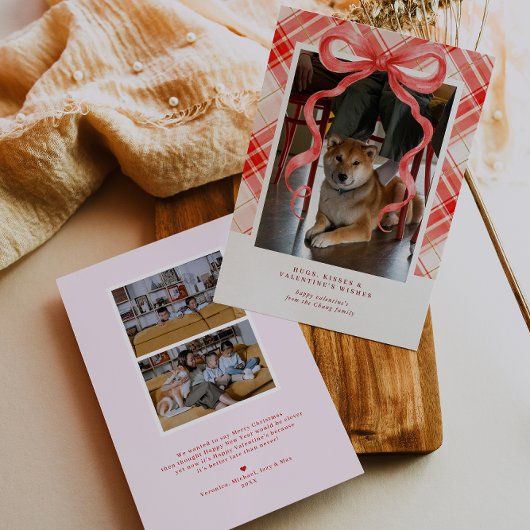 Red Bow Plaid Valentine’s Photo Card 招待状