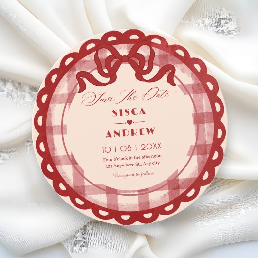 Red bow plaid wedding セーブザデート