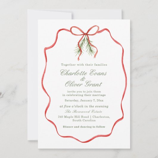 Red Bow Ribbon Winter Wedding 招待状 (正面)