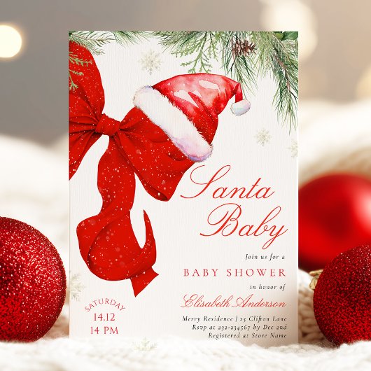 Red Bow Santa Baby Shower Invitation 招待状