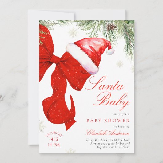 Red Bow Santa Baby Shower Invitation 招待状 (正面)