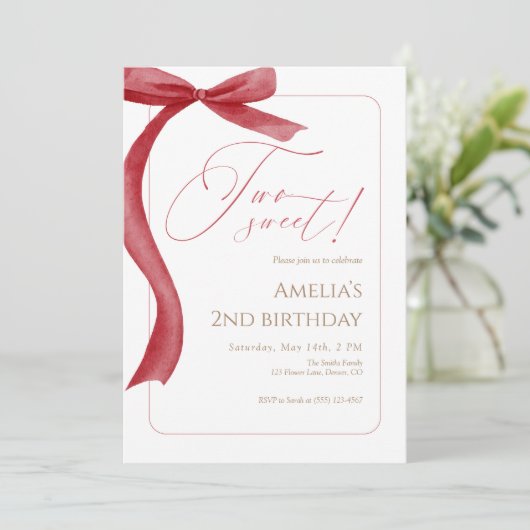 Red Bow Second Birthday Invitation Two Sweet 招待状 (スタンド正面)