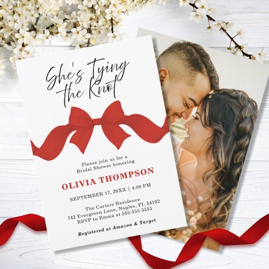 Red Bow She's Tying the Knot Photo Bridal Shower 招待状