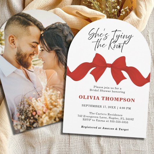 Red Bow She's Tying the Knot Photo Bridal Shower 招待状