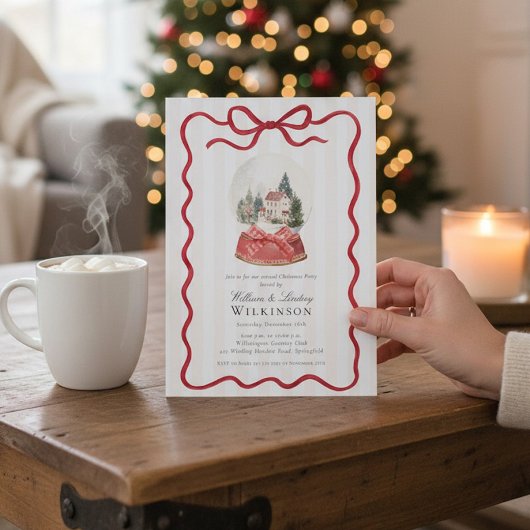 Red Bow Snow Globe Christmas Party Invitation 招待状