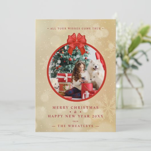 Red Bow Snowflakes Christmas Round Family Photo (スタンド正面)