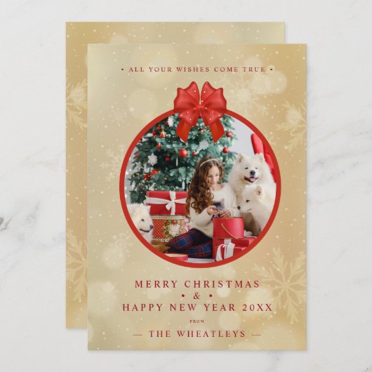 Red Bow Snowflakes Christmas Round Family Photo (正面/裏面)