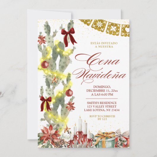 Red bow Spanish Cactus Christmas Cena de Navidad 招待状 (正面)