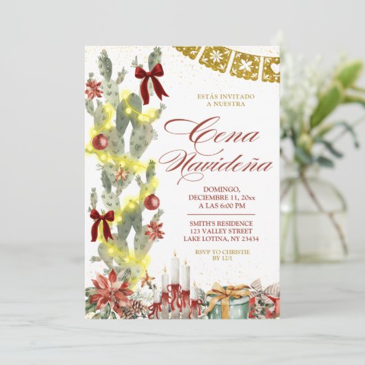 Red bow Spanish Cactus Christmas Cena de Navidad 招待状 (スタンド正面)
