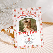 Red Bow Strawberry Berry First Birthday Photo 招待状
