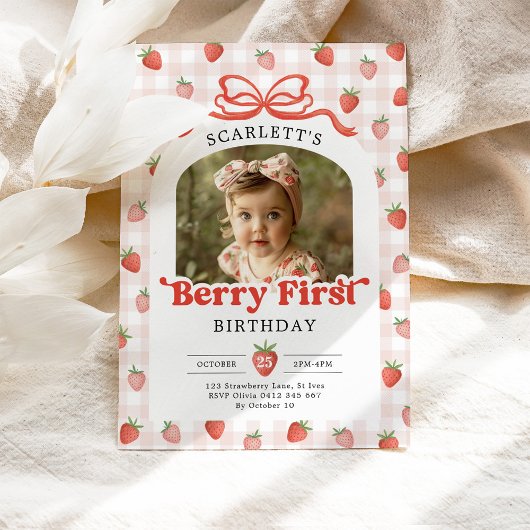Red Bow Strawberry Berry First Birthday Photo 招待状