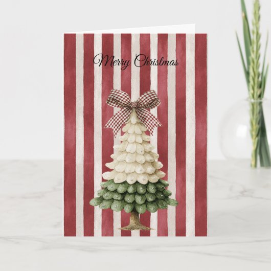Red Bow Stripes Christmas Green Cream Tree カード (正面)