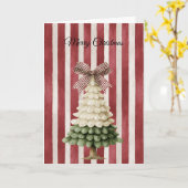Red Bow Stripes Christmas Green Cream Tree カード (黄色い花)