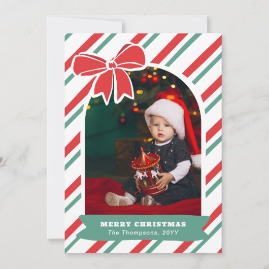 Red Bow & Stripes Year In Review Merry Christmas シーズンカード (正面)