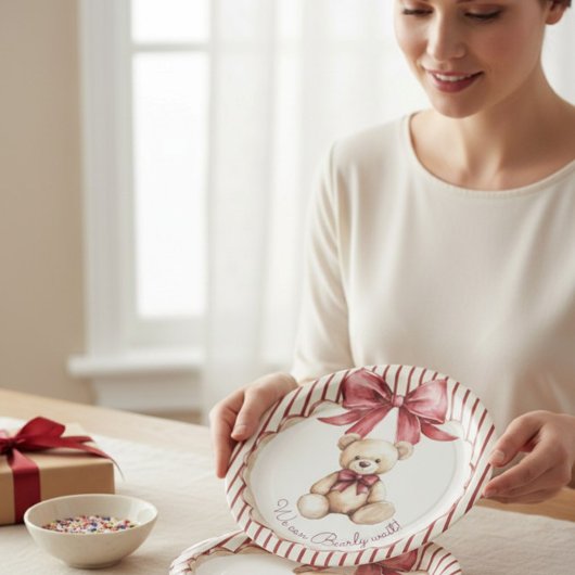 Red Bow Teddy Bear Baby Shower Plates ペーパープレート