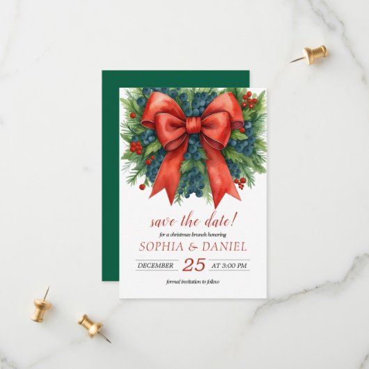 Red Bow Watercolor Christmas Brunch セーブザデート (正面/裏面インサイチュ)