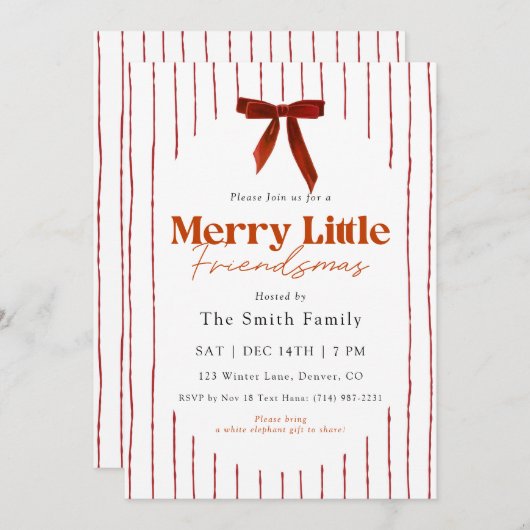 Red Bow Watercolor Merry Little Friendsmas 招待状 (正面/裏面)