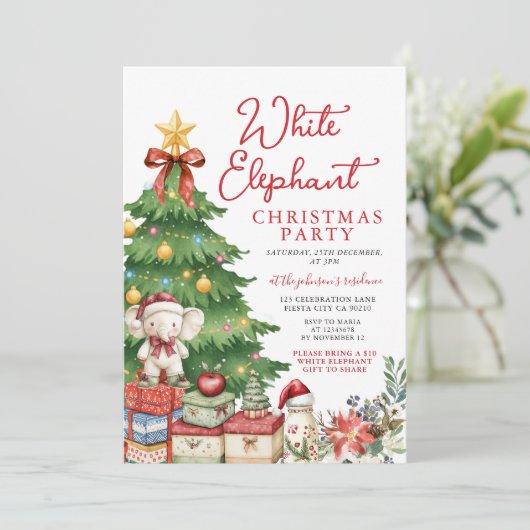 Red Bow White Elephant Christmas Party Exchange 招待状 (スタンド正面)